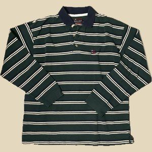 green navy blue and white striped rugby buttoned polo